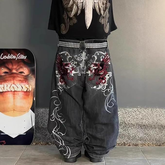 Men's Clothing Men's Dark Gothic Style Retro Straight Leg Jeans High Street Embroidered Pants For Formal & Casual_mkmklike.com