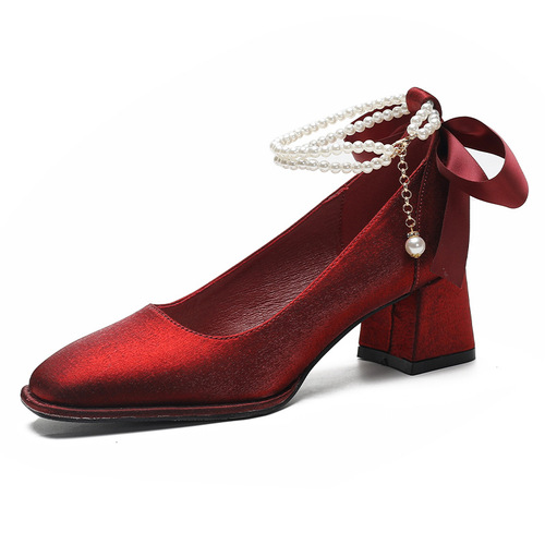 C501-31 Thick Heel Square Toe Bow Fairy High Heel  New Wedding Shoes Bridal Shoes Large Size 40-43