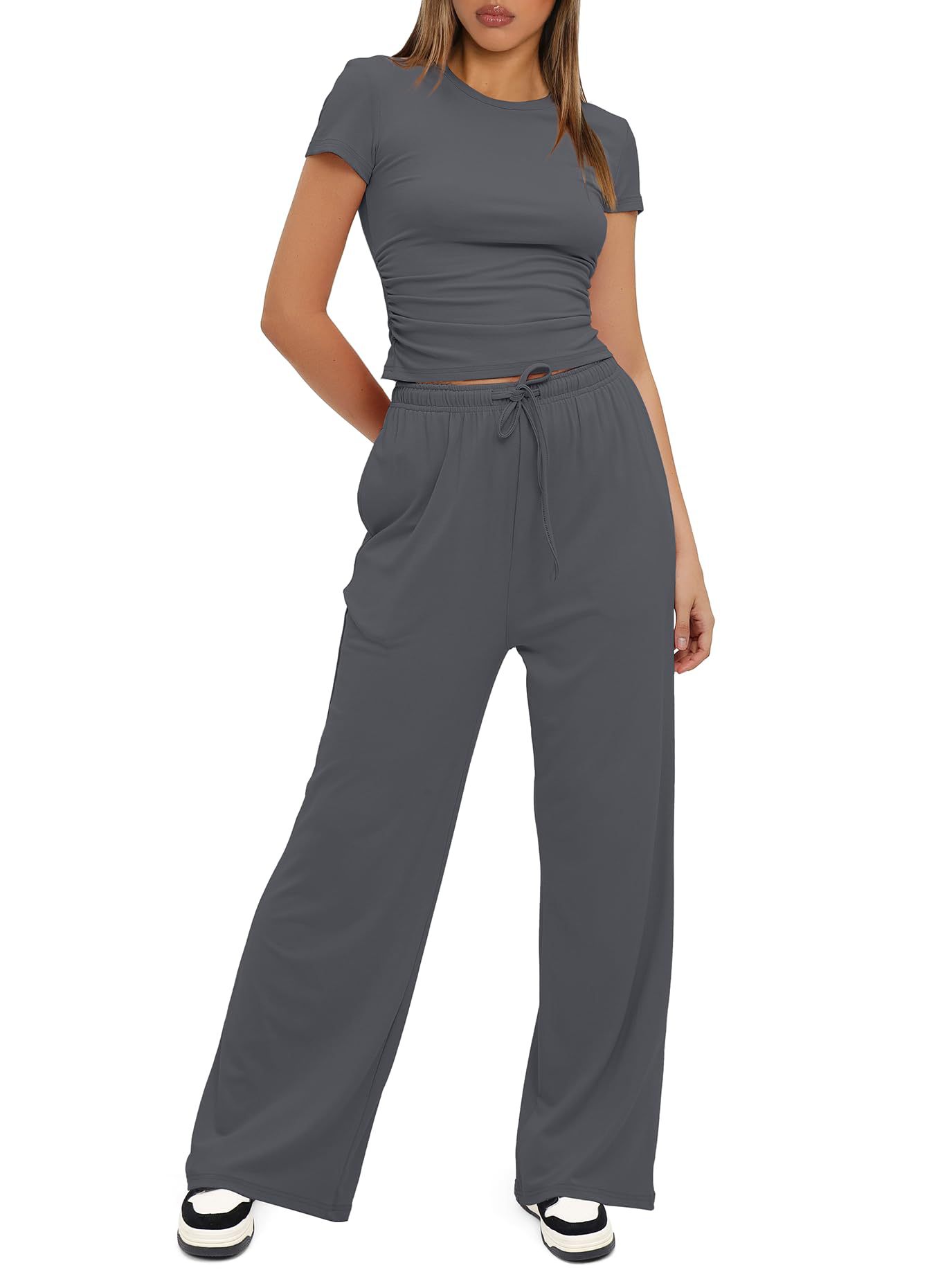 European American Foreign Trade Women's 2-piece Casual Set: Ruffled Short-sleeve Top And High-waisted Wide-leg_ecoleips.com