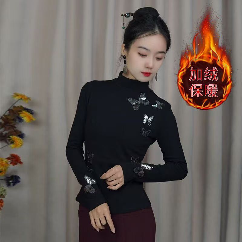 2025 New Classical Dance Latin Dance Clothing Butterfly Top Square Dance Practice Clothing Elegant Slimming Look Half Turtleneck Dance