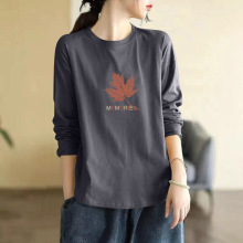 品牌出口外贸剪标100%纯棉长袖印花t恤女文艺显瘦百搭休闲上衣秋