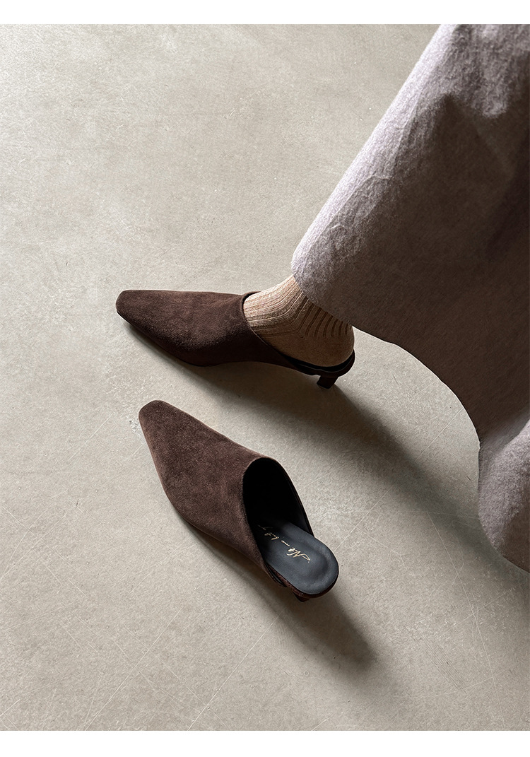 Giày mule nữ da cừu mũi vuông gót 4,5 cm, phong cách Hàn Quốc, dép nửa kéo tiện lợi — màu nâu chi tiết 18