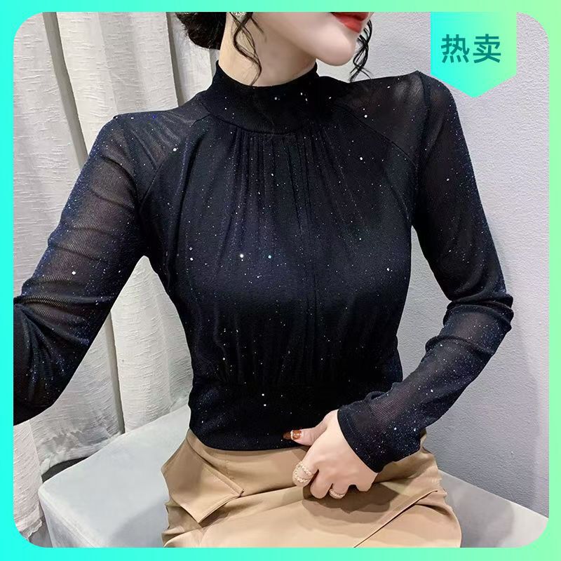 High-Neck Mesh Sequin Bottoming Shirt, Slim Long-Sleeved Top, 2025 Autumn and Winter New Women's Gauze Outer Shirt High-Neck Mesh Sequin Bottoming Shirt, Slim Long-Sleeved Top, 2025 Autumn and Winter New Women's Gauze Outer Shirt