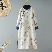 实拍中国风亚麻棉印花旗袍裙2025冬季斜襟夹棉复古中式棉袍连衣裙