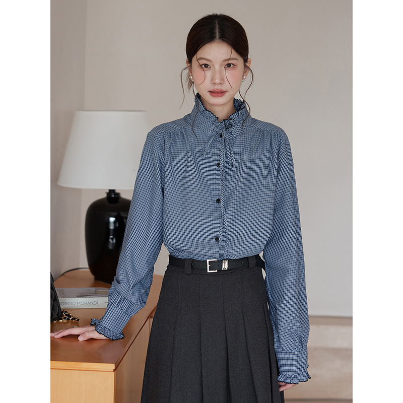 [Nav Preppy] Geming Korean Commuting Plaid Shirt Autumn New French Long Sleeve Top N682C