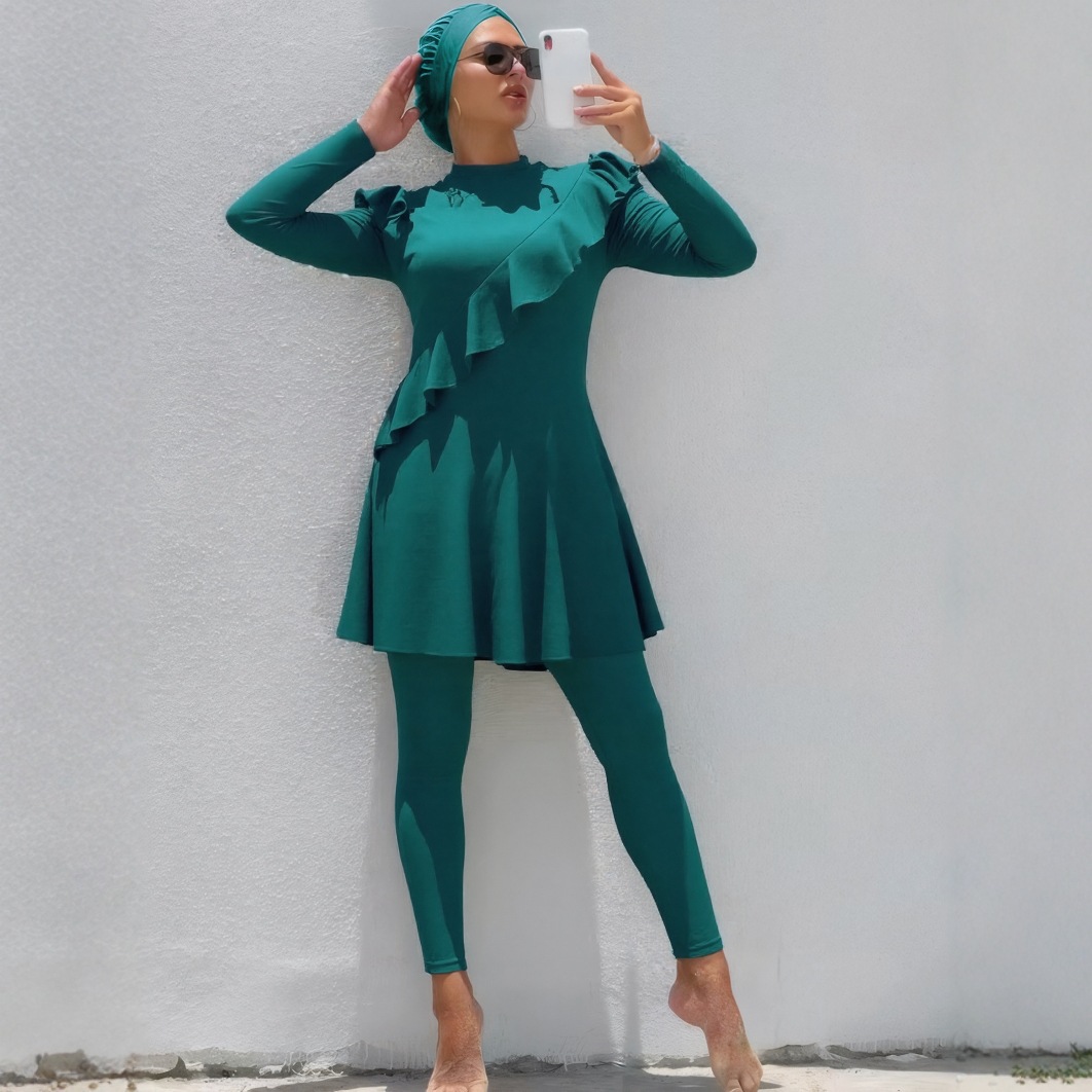 Traje de Baño Conservador Burkini de Manga Larga en Nailon y Poliéster para Natación