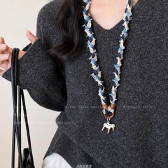 牛仔布艺银色木马编织项链女2025新款轻奢毛衣链小众独特时尚配饰