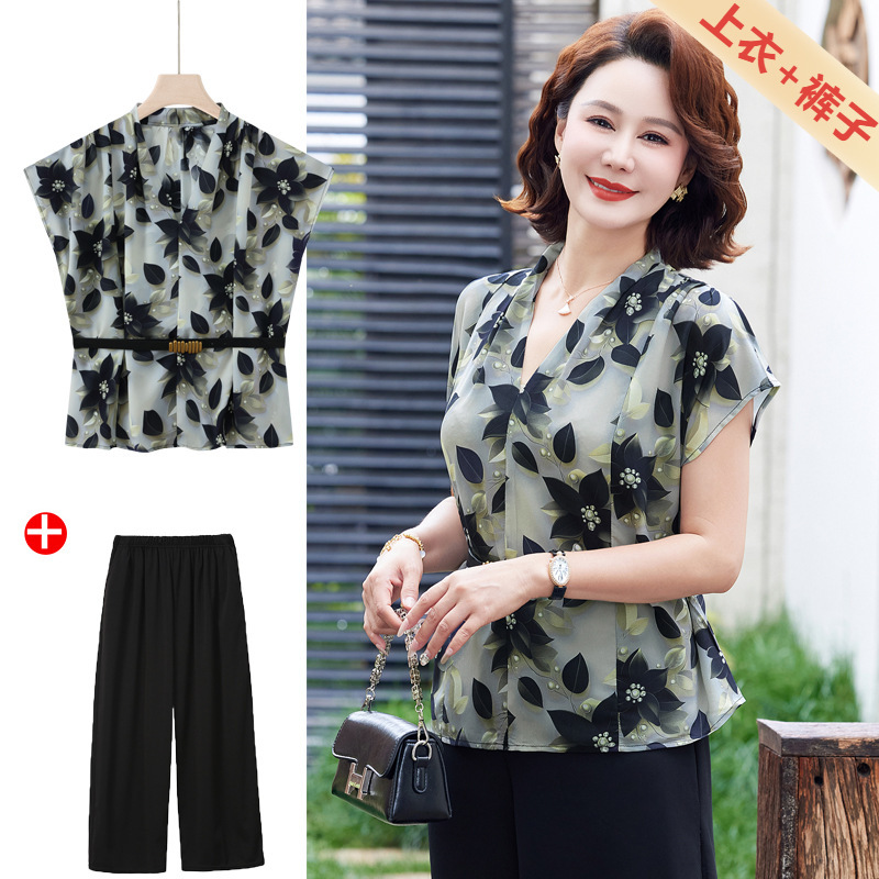 Middle-Aged Mother Summer Chiffon Suit 2025 New Middle-Aged and Elderly Women's Shirt Short-Sleeved Printed Elegant Shirt Middle-Aged Mother Summer Chiffon Suit 2025 New Middle-Aged and Elderly Women's Shirt Short-Sleeved Printed Elegant Shirt