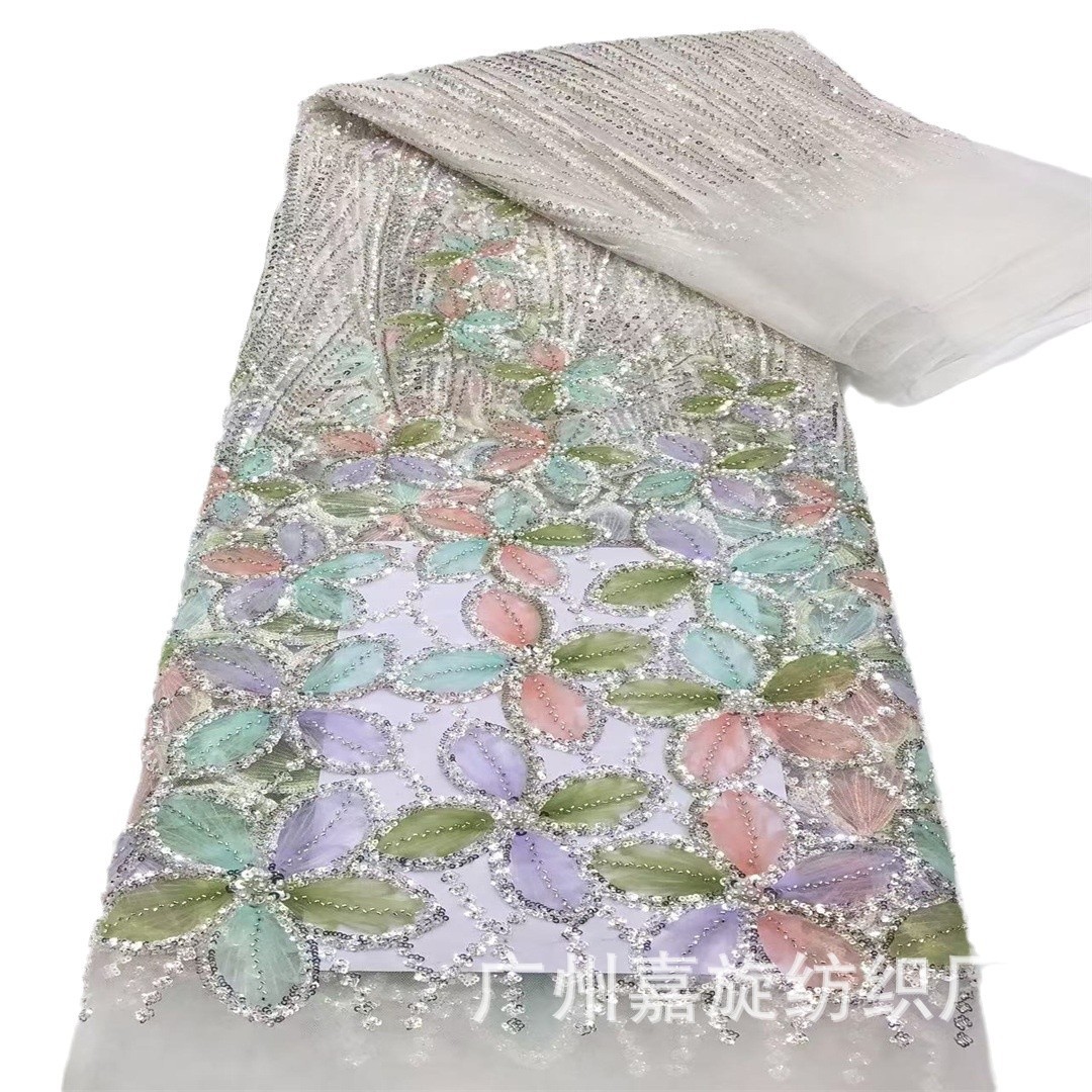 Tela de malla floral brillante con bordado 3D de lentejuelas superpuestas en stock para vestidos y ropa infantil. image 7