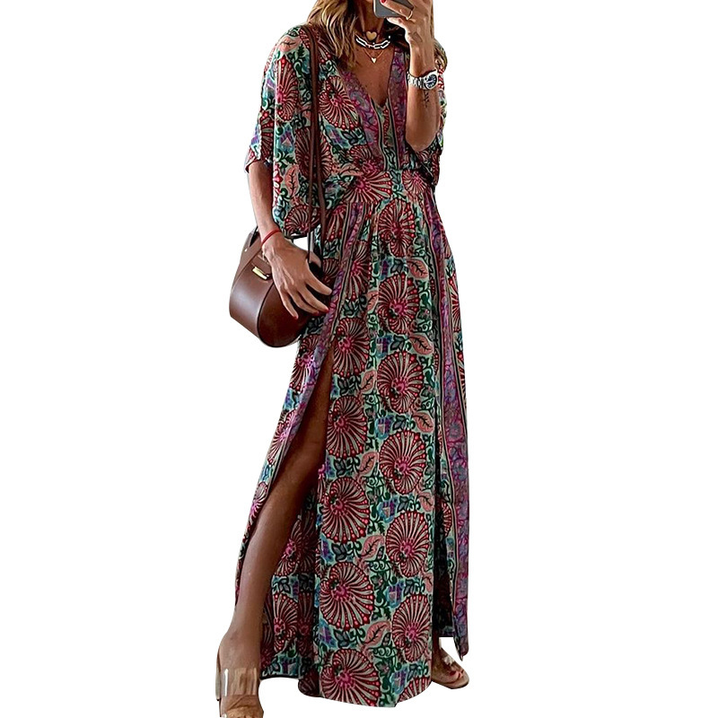 Women's A-line Skirt Elegant V Neck Printing Short Sleeve Printing Maxi Long Dress Holiday display picture 5