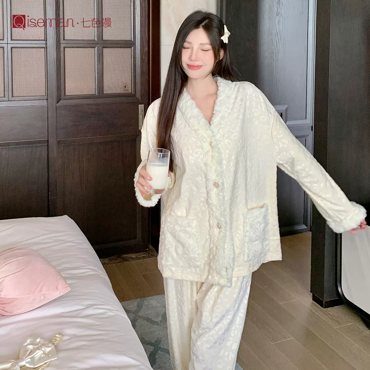 【定制】居家休闲家居服套装可外穿长袖海岛绒睡衣秋冬女睡衣保暖