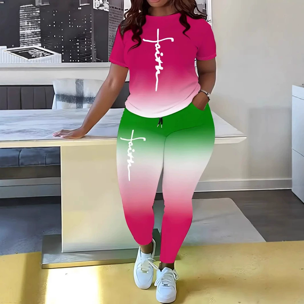 Весенний новый стиль с короткими рукавами и круглым вырезом с красочным принтом плюс размер женские брюки из двух частей ME13 ML04