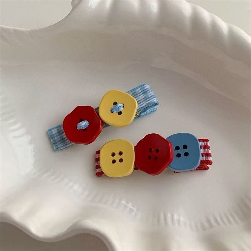 儿童拼色发夹红蓝格子女孩刘海夹发卡女童纽扣彩色碎发夹边夹头饰|undefined