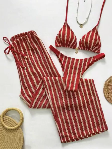 Cross-Border Foreign Trade Export European and American Fashion Sexy Striped Three-Piece Swimsuit Split Bikini for Women