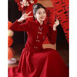 新中式敬酒服2024新款酒红色新娘改良旗袍秀禾服嫁衣订婚宴会礼服