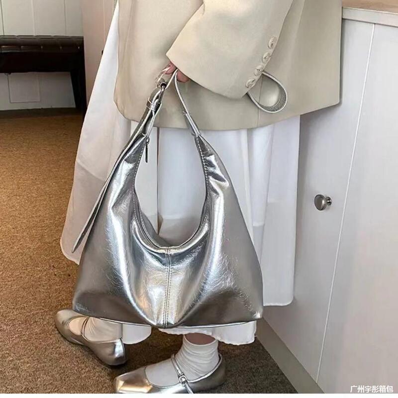 Korean Style New Glacier silver Soft Leather Tote Bag Summer Fashionable Casual Shoulder Underarm Bag Women Crossbody Bag