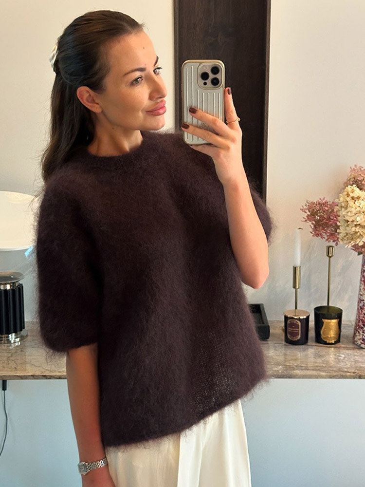 Nicho de estilo casual universal color sólido mohair suéter de manga corta para mujeres 2025 otoño nuevo estilo transfronterizo Europa y América