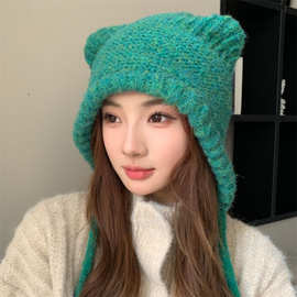 可爱猫耳朵针织保暖帽子女士护耳套头毛线帽冬天百搭网红帽韩版潮