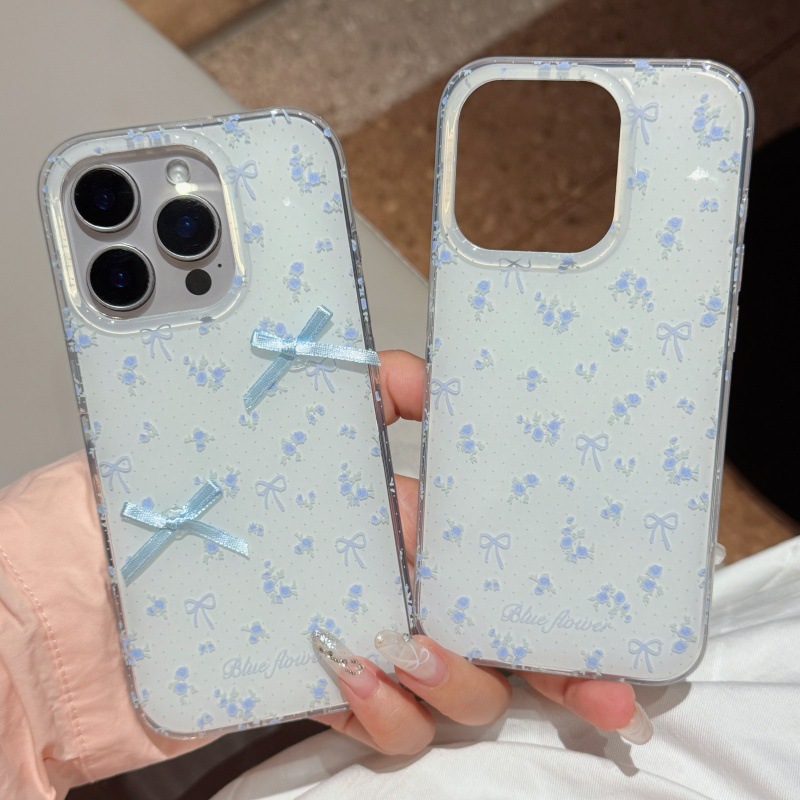 Lazo floral azul coreano para Apple 15Pro/16Pro funda para teléfono móvil 14 cadena 13 femenino 16PM nuevo
