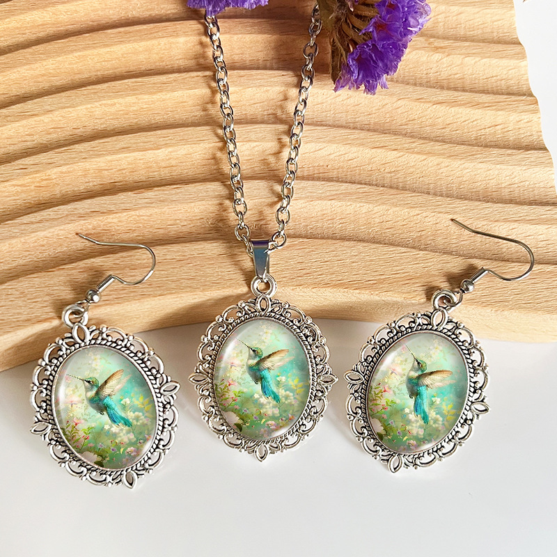 Cross-border Flower Garden Little Hummingbird Garden Bird Time Gemstone Oval Vintage Lace Necklace and Earring Set