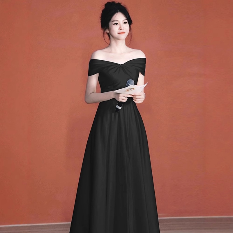 Black Evening Dress 2026 Adult Ceremony High-End Dress Classy French Style Off-Shoulder Petite Size Direct from Manufacturer
