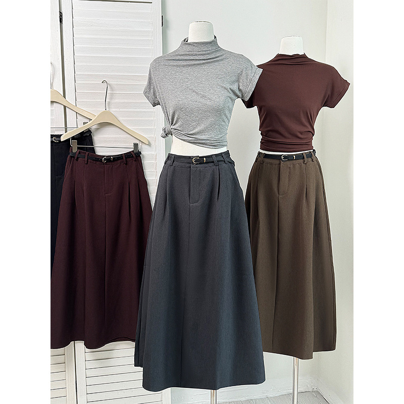 Autumn leather belt A-line skirt, European style, with pockets, textured, fashionable, artistic style, gray, Korean style, high-waisted, slimming long skirt Autumn leather belt A-line skirt, European style, with pockets, textured, fashionable, artistic style, gray, Korean style, high-waisted, slimming long skirt