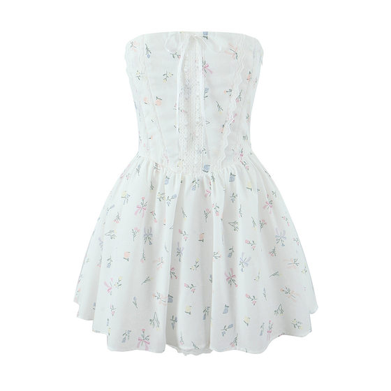 Amazon cross-border wholesale French pure wind back strap lace puffy tube dress