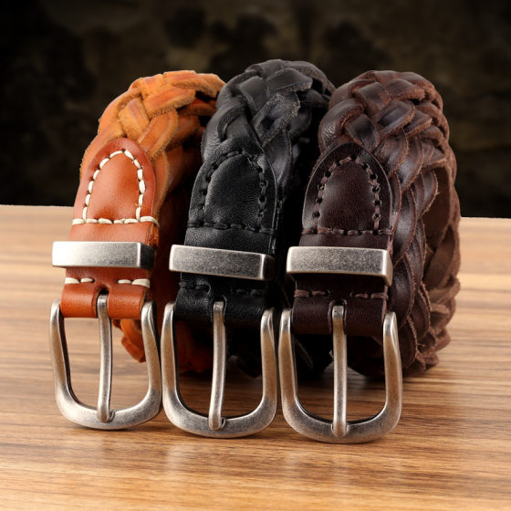 Genuine Leather Hand-Woven Women's Belt Retro Literary Antique Silver Needle Buckle with Jeans Belt Women's Spot Wholesale