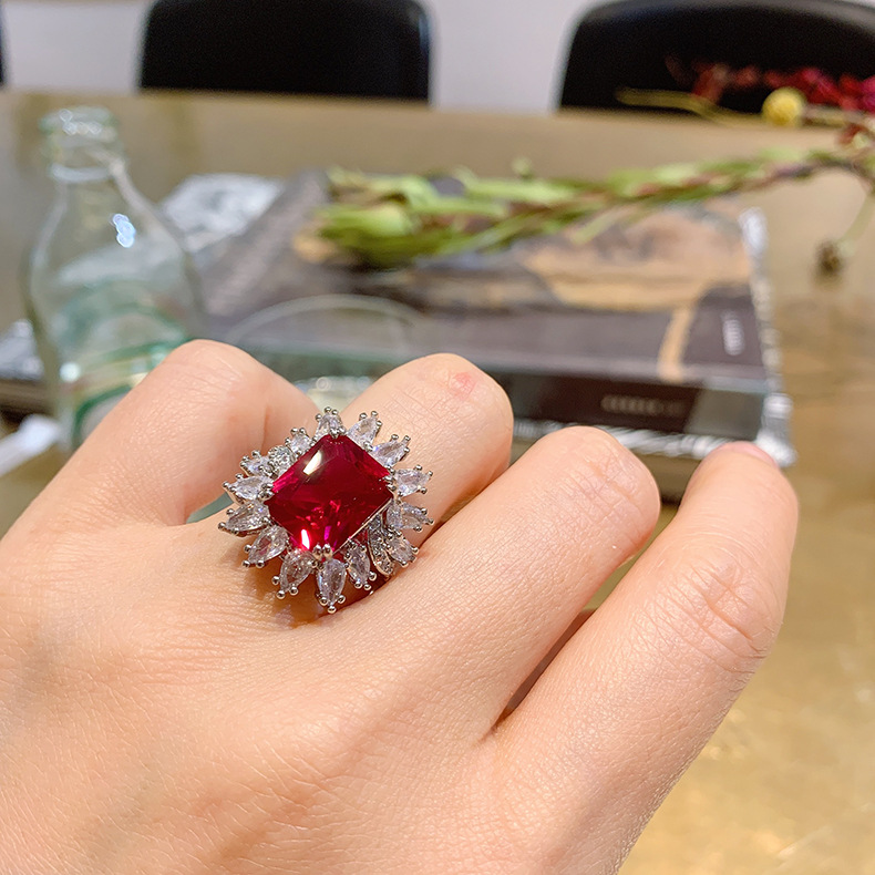 Retro Square Copper Gold Plated Inlay Artificial Gemstones Rings