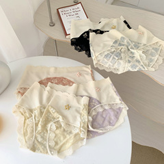 French Camellia~Japanese Traceless Cotton Panties for Women Retro Lace Embroidery High Elastic Breathable Hip-Holding Medium-Waist Triangle Pants