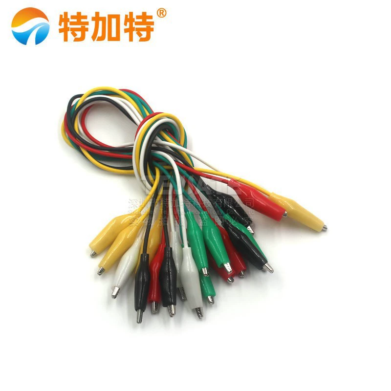 Two‑headed crocodile clip test leads, 10 pcs, medium clips, 5 colors, 50 cm