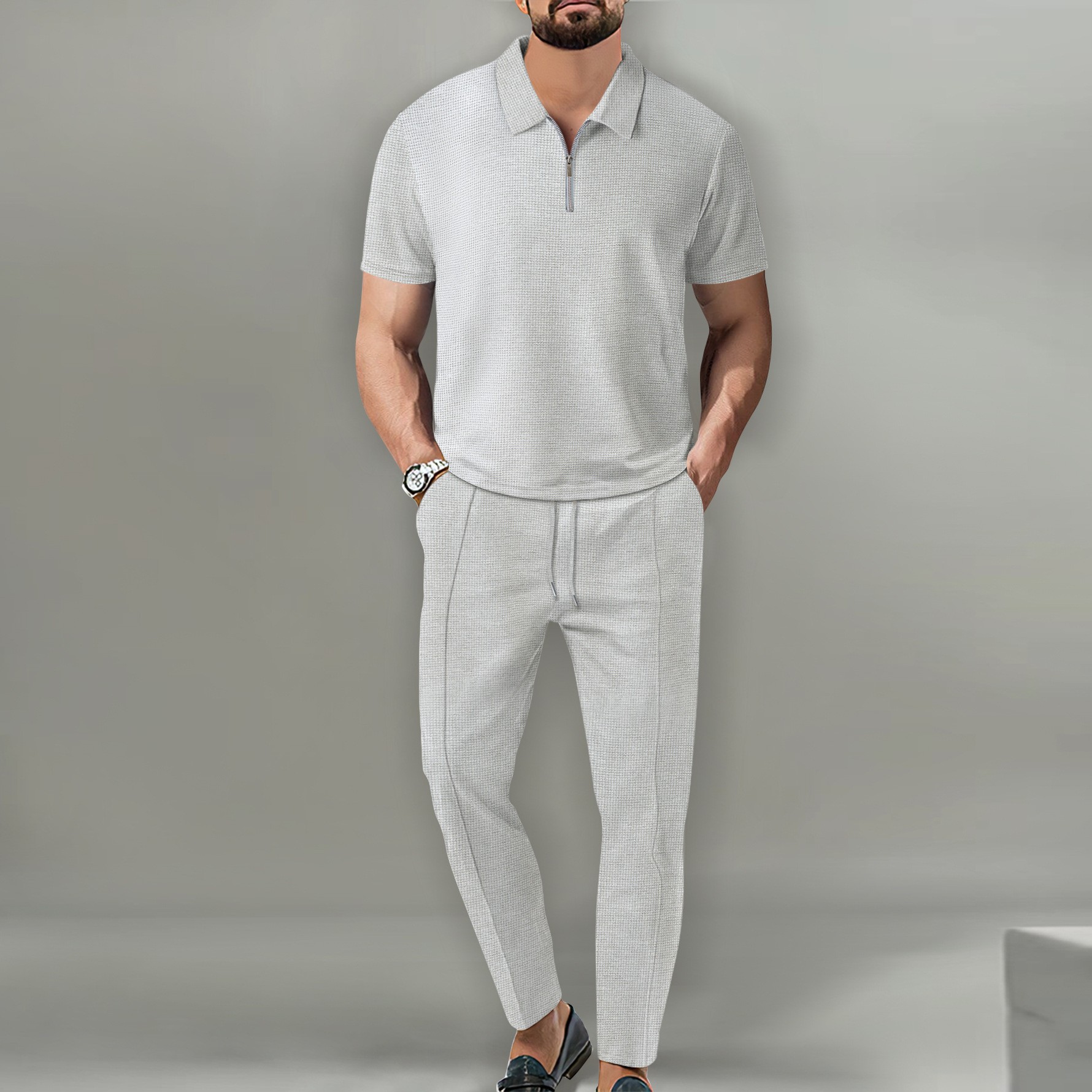 Completo uomo polo e pantaloncini in maglia waffel moda_voghion.com
