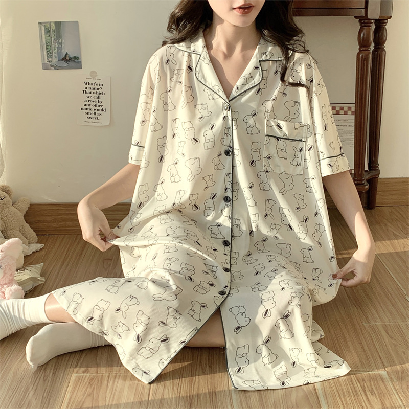 여름 여성용 잠옷, 달콤하고 귀여운 얼음 실크 반팔 잠옷, 여름 소녀의 중간 길이 스커트, 시원한 홈웨어