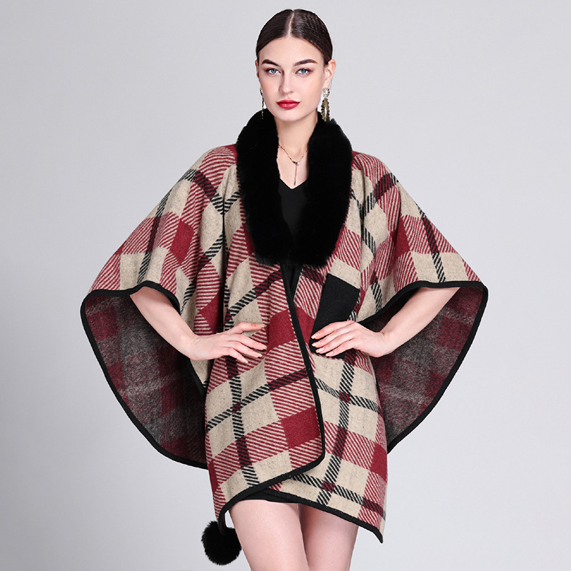 Locker gestrickter Damen-Cardigan-Mantel mit Pelzkragen und Haarballen-Jacquard-Umhang_voghion.com