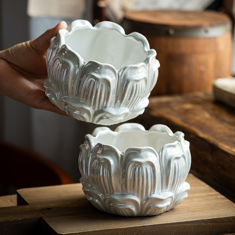 Lotus creativo diseño de cerámica en relieve para el hogar de alto valor de belleza decoración frutas snack lata al por mayor