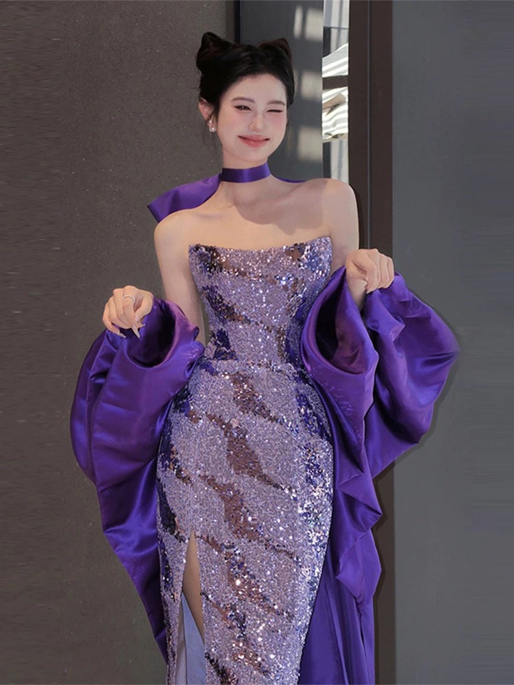 Elegant Purple Mermaid Evening Gown for Women Sophisticated Birthday Party Bridal Toasting Dress Unique Style Understated Luxury_ecoleips.com