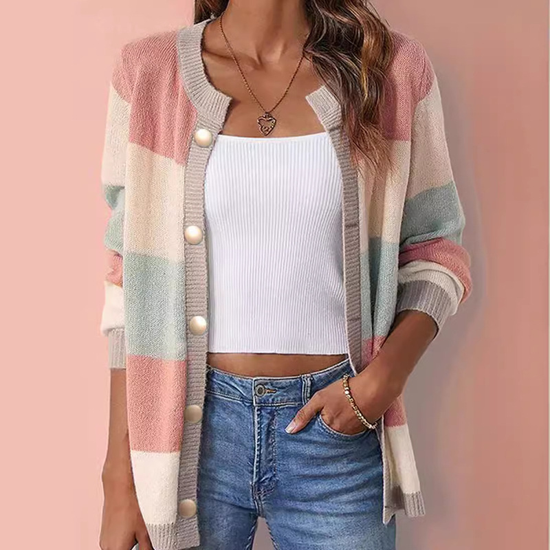 Cross-border Spring and Autumn Outfit Women's Color Matching Elegant Long Knitwear Women's Round Neck Loose Korean Sweater Coat Women
