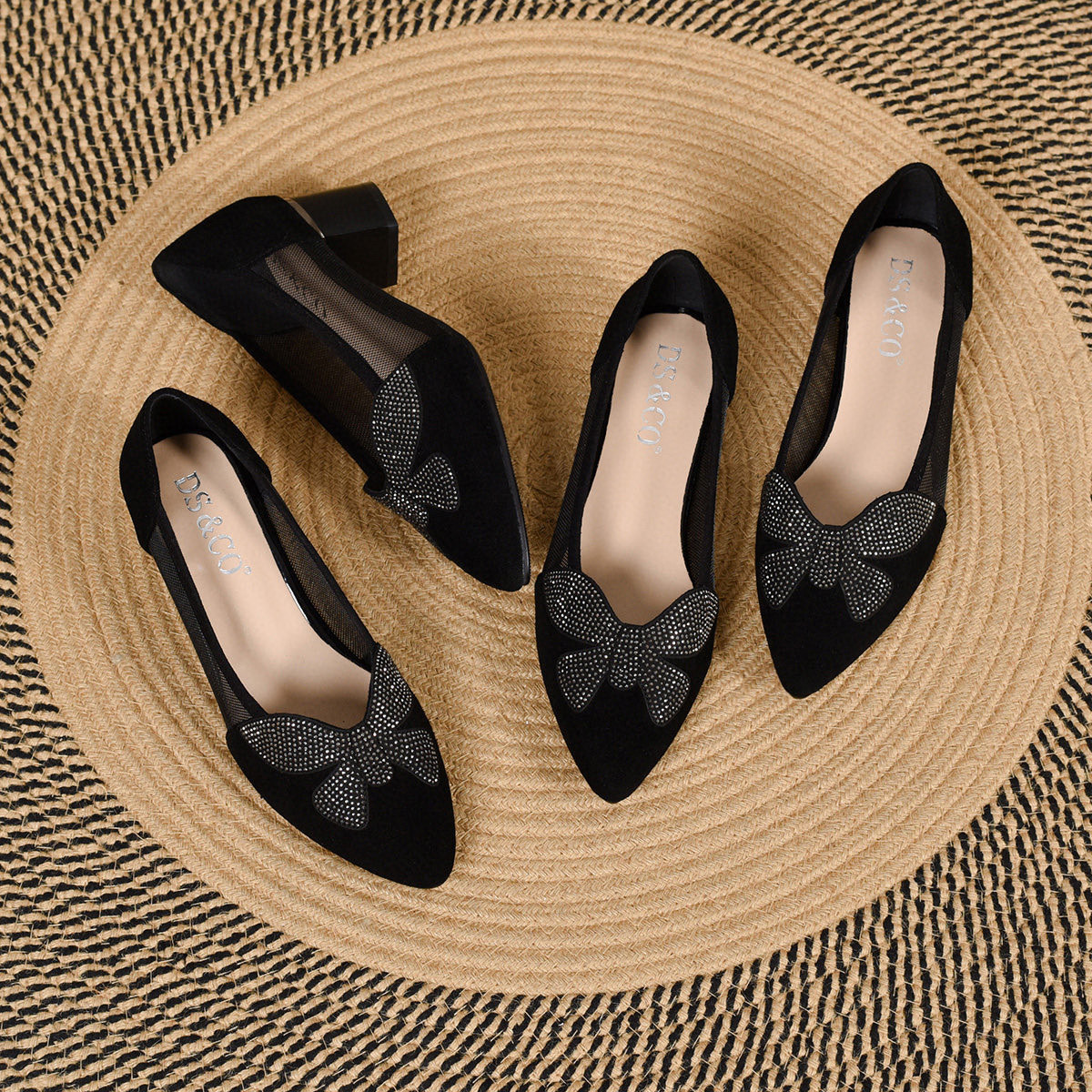 Sandal nữ mũi nhọn phối lưới nơ, gót dày 3 cm, kiểu dáng thoáng khí — Đen--3CM chi tiết 8