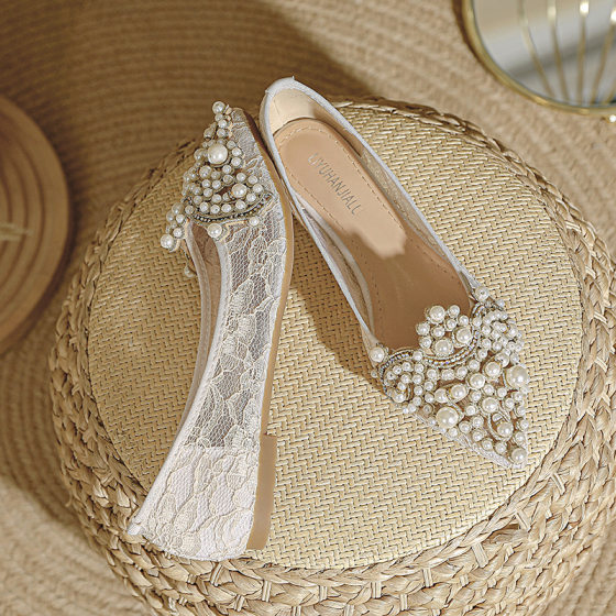 Flat Wedding Shoes Bridal Shoes Women's 2025 New Soft Bottom Pointed Shallow Mouth Fairy Style Gentle Rhinestone Shoes Bridesmaid Shoes