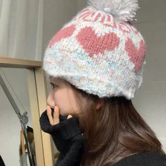 实拍|  毛球爱心针织护耳帽女秋冬韩版杂线毛线帽保暖包头帽子