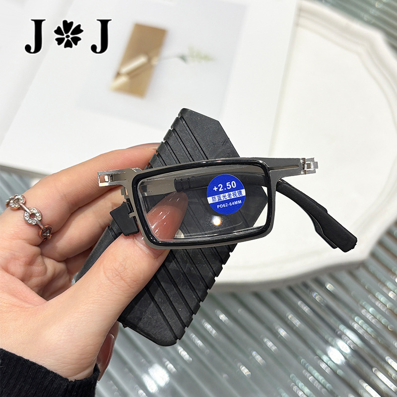 Steel leather frame folding portable anti-blue light presbyopic glasses men and women small box double ring presbyopic glasses presbyopic glasses factory