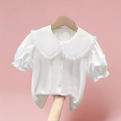 Girls' Short Sleeve Blouse 2024 Summer New Children's Women's Clothing Girl Summer Tencel Cotton White Baby Collar Top
