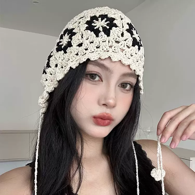 ins手工编织复古少女镂空薄款帽子女春夏秋季头巾帽可爱针织帽