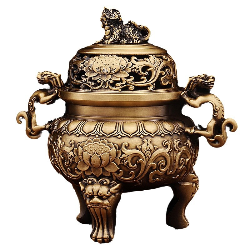 앤틱 사자 두 마리 용 진주로 놀고 있는 향로 동물 귀 녹색 향로 사무실 노점 놀이 장식품 순수 구리 아로마테라피 버너