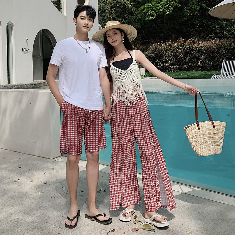 커플 수영복 빈티지 에스닉 스타일 여성용 4 피스 스플릿 수영복 비치 커플 세트 남성용 비치 팬츠