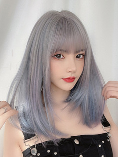 Wig women's short hair collarbone hair handsome blue Women's Group hair color long straight hair head cover fake hair G8089 generation