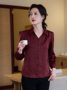 Qianbai Yilian 2025 New Style Loose Slimming Shirt for Middle-Aged and Elderly Women, Commuter Blouse, High-End Satin Long-Sleeve Top