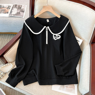 Manufacturer's Supply Extra Large Size Women's Clothing Wholesale Plus Fat Loose Slimming Look French Doll Collar Half Zipper Sweatshirt 2632