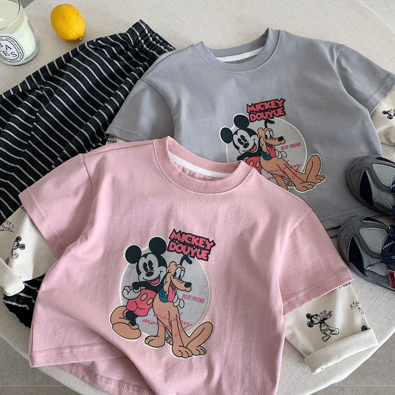 Children's Mickey Fake Two-Piece Sweatshirt 2026 Spring New Korean Style Casual Fashion Loose Long-Sleeved T-Shirt for Boys and Girls Children's Mickey Fake Two-Piece Sweatshirt 2026 Spring New Korean Style Casual Fashion Loose Long-Sleeved T-Shirt for Boys and Girls