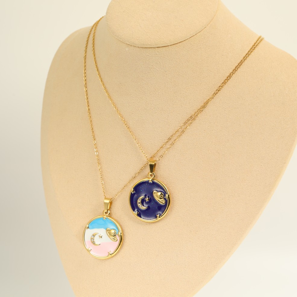 Saturn Moon Star Element Drop Oil Pendant Titanium Steel Necklace 18k Gold Plated display picture 4